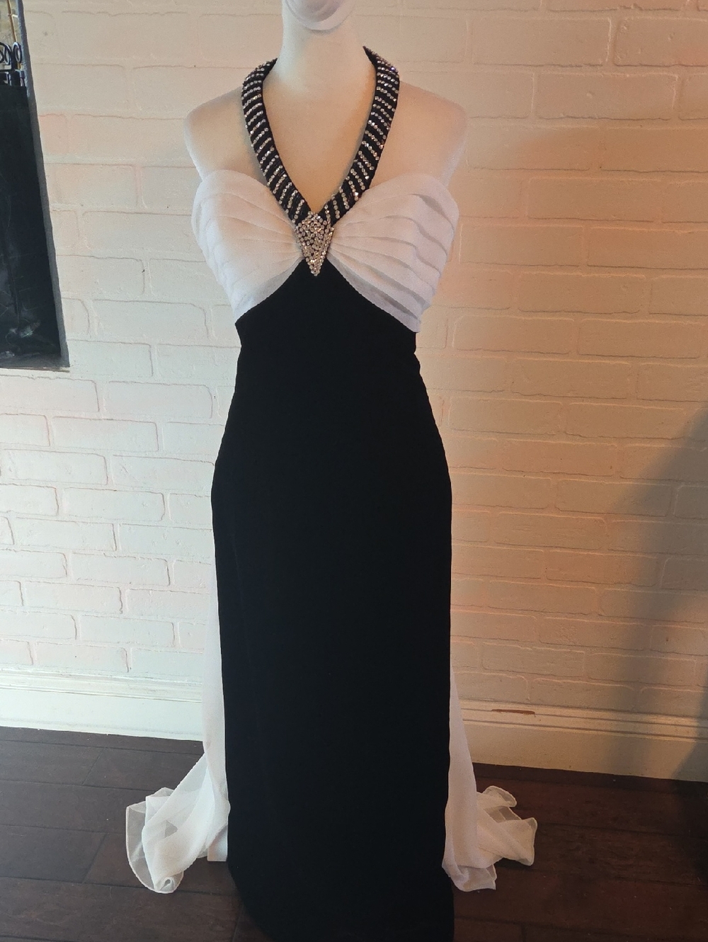 Sherri Hill Black and White  Velvet Evening Gown with Embellished Halter